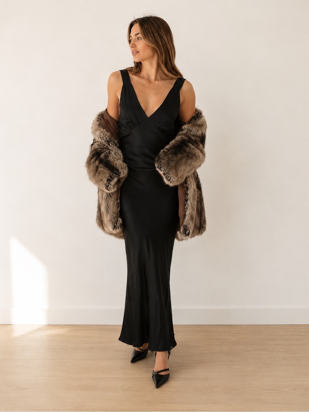 Rumored NWT Black Satin Deep V Maxi Slip Dress